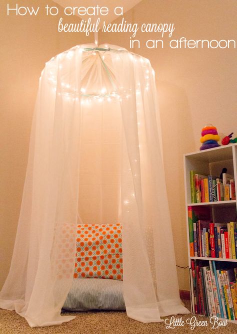 Create a Beautiful Reading Canopy in One Afternoon — Little Green Bow Reading Canopy, Diy Canopy, Fabric Canopy, Hiasan Bilik, Bed Canopy, Canopy Bed, Canopy Outdoor, Big Girl Rooms, Canopy Tent