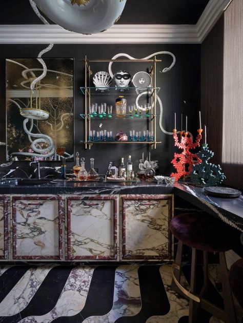 Oliver Furth’s ‘Optimistic Interiors’ Push the Boundaries in All the Right Ways - 1stDibs Introspective Snake Room, Brown Jordan Outdoor Furniture, Architectural Digest Kitchen, Blue Marble Tile, Bar Shelving, Lime Wash Walls, Kips Bay Showhouse, Second Floor Landing, House New York