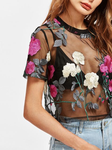 Flower Embroidered Mesh Top -SheIn(Sheinside) Sheer Summer Top, Black Mesh Crop Top, Womens Blouses Summer, Sheer Mesh Top, Mesh Crop Top, Mesh Blouse, Mesh T Shirt, Womens Tops Summer, Cropped Tops