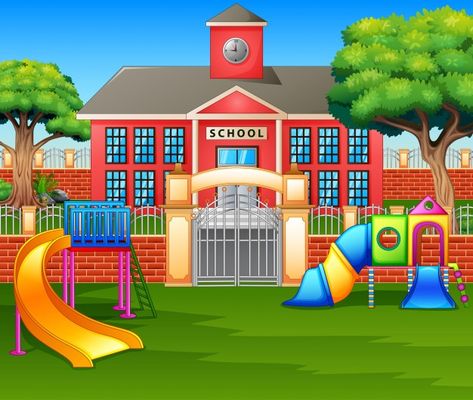 Premium Vector | Vector illustration of school building and green lawn Family Picture Cartoon, Playground Pictures, Playground Areas, School Cartoon, Heart Coloring Pages, Cartoon House, Areas Verdes, School Playground, School Yard