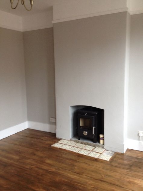 Living room carpet up, luckily floorboards ok so sanded down, stained, varnished ,plastered walls new wood burner and painted walls Old Wooden Floor, Plastered Walls, Downstairs Bedroom, Living Room Renovation, Painted Walls, Wooden Floors, Room Renovation, Wood Burner, Wooden Floor