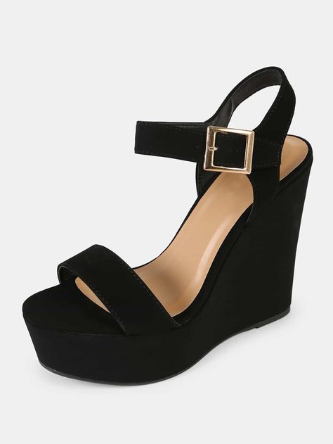 Cracked Metallic Buckled Ankle Strap Platform Wedge Sandal BLACK | SHEIN USA Black Wedge Heels, Church's Shoes, Outfit Verano, Women Wedges, Wedge Heel Boots, Vintage Heels, Pink Pumps, Black Wedge, Black Wedge Sandals