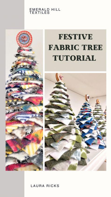 These fabric trees add the perfect homespun touch to any holiday display and are a great use for old sweaters or scrap fleece Wool Felted Christmas Tree, Rag Rug Tree, Scrap Wool Fabric Projects, Christmas Trees Made From Old Sweaters, Wool Trees Tutorial, Sweater Christmas Trees, Sweater Trees, Wool Trees, Fabric Trees