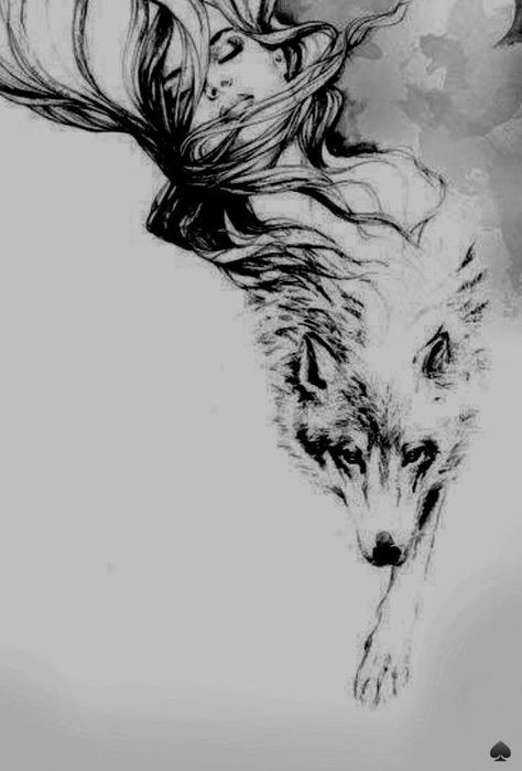 Wolf Warrior Tattoo For Women, Women With Wolf Tattoo, Wolf And Lady Tattoo, Womens Wolf Tattoo Ideas, Hip Tattoos Women Wolf, Wolf Women Tattoo, Wolves And Women Tattoo, Wolf Leg Tattoos Women, White Wolf Tattoo For Women