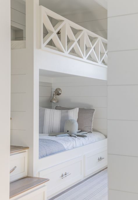 Gray Beach - Nesting Place Interiors Built In Bunkbeds, Bunk Room Ideas, Cottage Bedrooms, Bunk Bed Room, Bunk Beds Built In, Sleeping Porch, Built In Bunks, Bunk Rooms, Bunk Bed Designs