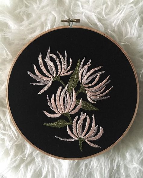 Black Fabric Sets a Spectacular Stage for Colorful Embroidered Hoop Art | www.brwnpaperbag.com Bamboo Embroidery, Stamped Embroidery Kit, Cross Stitch Hoop, Plants Flowers, Learn To Sew, Embroidery Kits, Embroidery Hoop, Starter Kit, Cross Stitch Embroidery