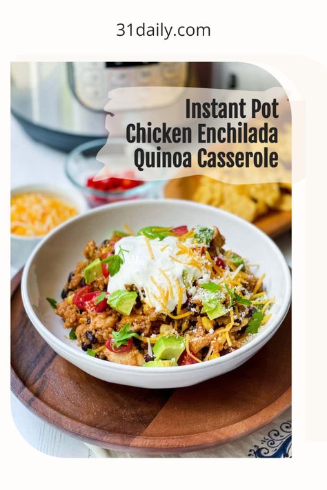 This simple Instant Pot Chicken Enchilada Quinoa Casserole recipe is an easy-to-make, one-pot bowl meal, much like a burrito bowl, that’s full of the Mexican enchilada flavors we love. Involving barely any prep work this delicious Instant Pot Chicken Enchilada Casserole recipe is ready in just 15 minutes! Chicken Enchilada Quinoa, Chicken Quinoa Recipes, Instant Pot Quinoa, 31 Daily, Quinoa Casserole, Pot Recipes Healthy, Chicken Enchilada Casserole, Chicken Burrito Bowl, Chicken Quinoa