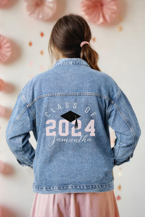 VARSITY STYLE GRADUATE CLASS OF 2024 CUSTOM NAME DENIM JACKET Graduation Year, Varsity Style, Large Numbers, Arch Design, Class Of 2024, Grad Cap, The Class, Tech Design, Keepsake Gift