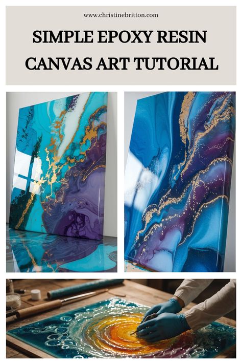 Abstract epoxy resin art tutorial showcasing vibrant blue and purple canvases and an artist creating an ocean-inspired piece. Resin Pour Art Techniques, Poured Resin Art, Resin On Canvas Tutorial, Resin Canvas Art Diy, Epoxy Resin Tutorial, Resin Pouring Technique, Resin Painting Canvas, Epoxy Resin Art Painting, Fluid Art Acrylic Paintings