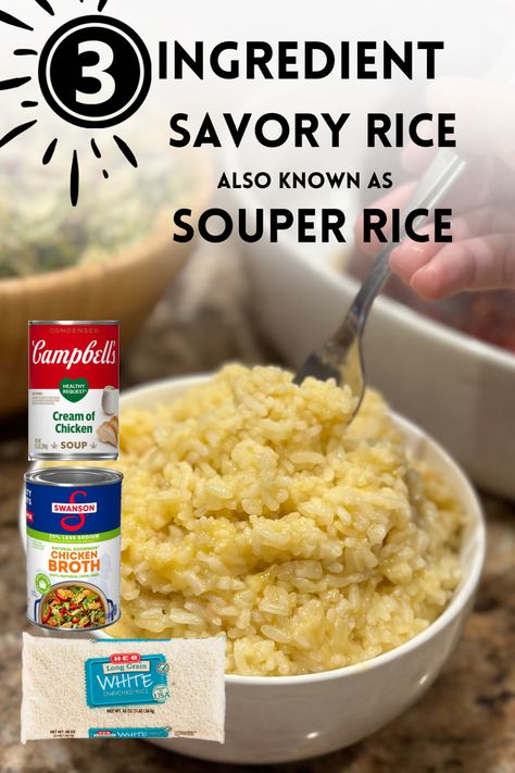 This 3 ingredient Savory Rice recipe is a foolproof method to make perfect rice every single time. Ready in less than 15 minutes, the secret ingredients are stock and creamy canned soup. Trust me when I say this is a fan favorite and is delicious served with vegetables, chicken, fish, or steak. 5 Ingredient Souper Rice, Creamy Souper Rice, Souped Up Rice, Sour Cream Rice Casserole, Bagged Rice Recipes, Soupy Rice Recipe, 3 Ingredient Rice Recipes, How To Add Flavor To White Rice, Alfredo Rice Recipes