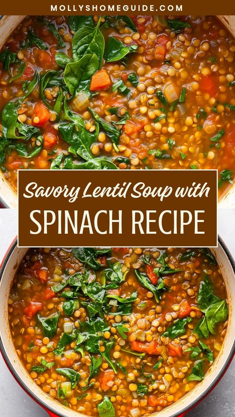 Warm up with a comforting bowl of flavorful lentil soup with spinach. This hearty and nutritious dish is perfect for chilly days and will surely satisfy your cravings. Packed with protein, fiber, and vitamins, this recipe is a delicious way to nourish your body. Whether you enjoy it as a light lunch or a cozy dinner option, this lentil soup is sure to become a favorite in your rotation of go-to meals. Give this wholesome and easy-to-make dish a try today! Defined Dish Soup Recipes, Vegan Soup With Lentils, Meals With Green Lentils, Lentil Soup With Spinach Recipe, Vegetarian Lentil Recipes Healthy, Lentil Spinach Soup Recipe, Healthy Lentil Soup Recipes Easy, Soup With Lentils Healthy, Lentil Meals Healthy