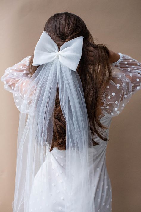 Wedding Hairstyles With Bow Veil, Bow With Veil, Wedding Veil Bow, Bow Veil Wedding, Wedding Hair With Bow, Bow Veils, Elopement Hair, Bow Veil, Ariel Wedding