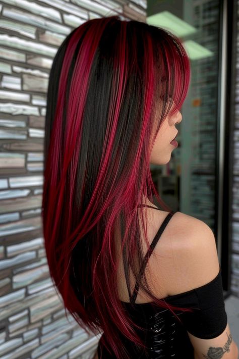 Check out the 45 gorgeous ideas of red highlights on black hair we just posted on our blog. From the bright magenta red highlights you see here to vibrant copper and ginger streaks, you'll find a ton of trendy hair color combos and highlighting techniques in our latest article. Click to see it now or save the pin for later! Blonde And Red Highlights On Dark Hair, Ginger Hair Black Highlights, Red In Black Hair, Idea For Hair Color, Black Hair W Red Highlights, Brown Hair And Red Highlights, Red Hair Designs, Bright Red Highlights On Dark Hair, Dark Red Hair With Bright Red Highlights