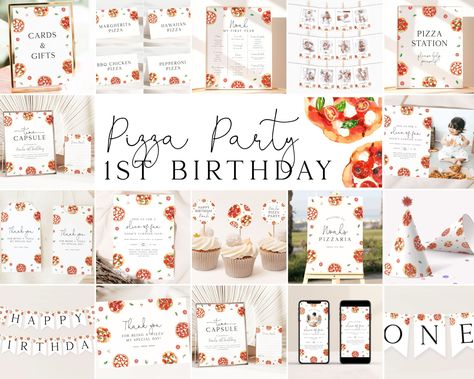 Pizza First Birthday Pictures, Delicate Fonts, Pizza Birthday, Slice Pizza, 1st Rodeo, Kids Pizza, Colors Background, Milestone Poster, 5x7 Cards