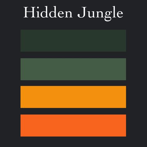 Hidden jungle is a great colour palette to create anything your heart has in mind! Jungle Colour Palette, Jungle Color Palette, Jungle Green, Colour Palette, Green And Orange, Color Palette, Color Design, To Create, Mindfulness