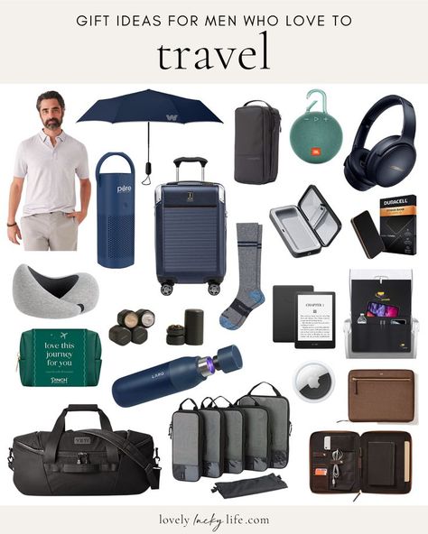 This list of 20 unique travel gifts has something for every type of traveler, from practical gadgets to stylish accessories. Whether he's a frequent flyer or a road trip enthusiast, these gifts will make his travels even more enjoyable. #travel #giftideas #giftguide #fathersday #giftsfordad #giftsforhim #travelhacks #musthaves #amazonfinds Work Travel Essentials Men, Travel Gift Ideas For Him, Gifts For Travelers Men, Travel Essentials For Men, Mens Travel Essentials, Mens Travel Style, Travel Gift Basket, Travel Gifts For Men, Gifts For Young Men