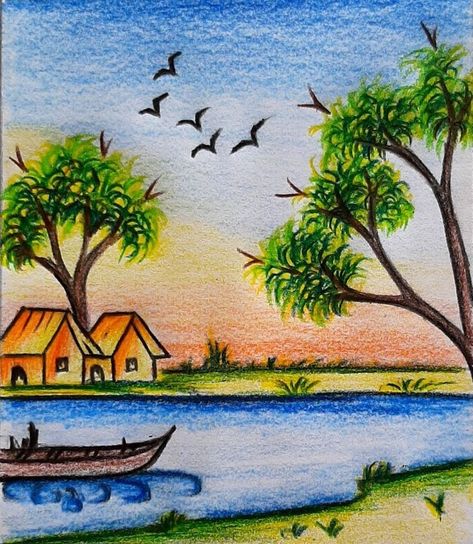 Natural Scenery Drawing Pencil, Village Scenery Drawing, Scenery Drawing Pencil, Nature Drawing For Kids, Easy Nature Drawings, Beautiful Scenery Drawing, Village Scene Drawing, Landscape Drawing Easy, Scenery Drawing For Kids