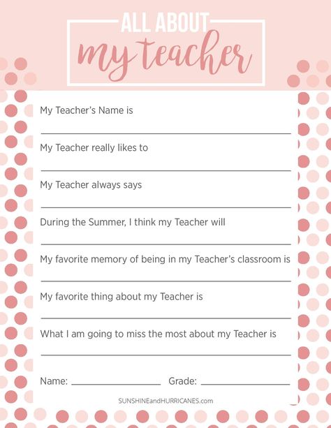 This teacher appreciation week questionnaire is the perfect teacher gift for any occasion. Personalize and meaningful it is a gift she will always treasure. SunshineandHurricanes.com Teacher Appreciation Questions For Kids, Teacher Questions For Gifts, Teacher Questionnaire From Student, All About My Teacher Questionnaire, End Of Year Teacher Questionnaire, What I Love About My Teacher Printable, All About Teacher Printable, What I Love About My Teacher, About My Teacher Printable Free