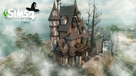 Spooky witch house on a hill!!! Spooky Sims House, Witch House Sims 4 Plan, Sims Spellcaster House, Witch House Floor Plan, Sims 4 Witches House, Sims 4 Witch House No Cc, Sims 4 Spooky House, Sims 4 Halloween House, Sims 4 Wizard House