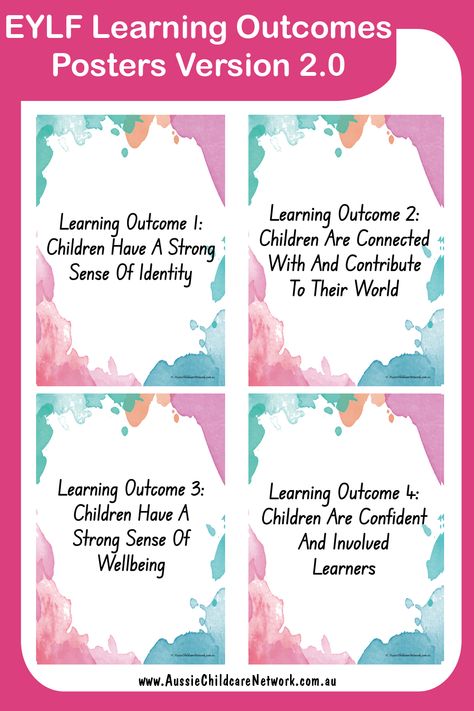 EYLF Learning Outcomes Posters Version 2.0 displays the main EYLF Learning Outcomes and the sub-outcomes. They can be used to display within the service or used as a reference for documentation and planning. The Learning Outcomes are to be used to reflect on children’s learning and focus on what a child can achieve. Learning Outcomes Display, Schemas Early Years, Eylf Outcomes, Eylf Learning Outcomes, Aussie Childcare Network, Daycare Rooms, Learning Outcomes, Learning Framework, Babies Room