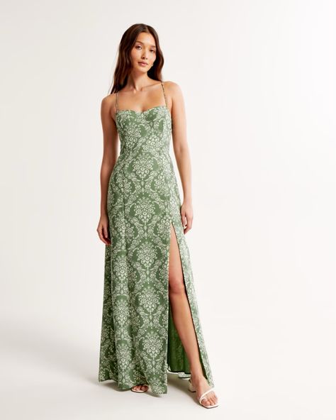 The A&F Camille Tie-Back Gown curated on LTK Green Printed Dress, Prom Dress Pattern, Neutral Dresses, Abercrombie And Fitch Dresses, Senior Prom Dresses, Green Bridesmaid, Full Length Dress, Georgette Fabric, Abercrombie And Fitch