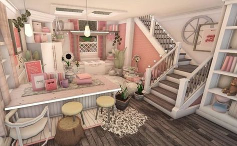 Bloxburg 2 Bedroom House, Bloxburg Blush Kitchen Ideas, Blush House Layout, Pink Bloxburg House Ideas, Blush Kitchen Bloxburg, Cute Kitchen Bloxburg, Pretty Bloxburg Houses, Blush House Exterior, Bloxburg Kawaii House