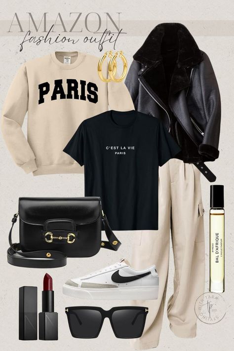 Amazon Fall and Winter Outfit Ideas. Amazon Winter Outfit | Cold outfits |  | Winter Jacket | Outfit Ideas | Cute Everyday Outfit | Aesthetic Outfits | Winter Outfit | Cute Winter Outfit | Amazon Fashion | Moto Faux Shearing Coat | Nike Sneakers | Amazon lounge Set | Travel Outfit | Paris Sweatshirt | C'est La Vie T-Shirt | Byredo Perfume | Gucci Inspired Crossbody bag Paris Sweatshirt Outfit, Cold Outfits Winter, Winter Outfit Cute, Byredo Perfume, Winter Outfit Cold, Outfit Ideas Amazon, Jacket Outfit Ideas, Winter Jacket Outfits, Paris Sweatshirt