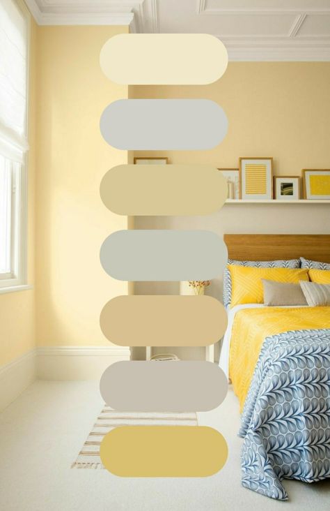 #colorpallete #yellow #wallcolor #homedecor #bedroom Bedroom Paint Colors Yellow, Colors That Go With Pale Yellow, Yellow Colour Bedroom Ideas, Yellow Pastel Bedroom, Cream Yellow Bedroom, Yellow Walled Bedroom, Bedroom Color Schemes Yellow, Pale Yellow Walls Bedroom, Bedroom Ideas Yellow Walls