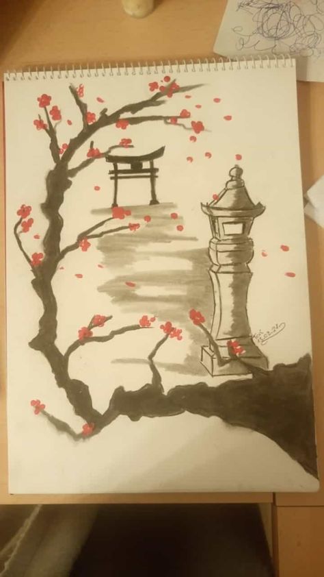 Inspired by the chinese art of Sumi-e, just with charcoal and acrylic paint. Chinese Painting Easy, Charcoal And Acrylic, Chinese Drawings, Chinese Theme, Samurai Wallpaper, Korean Painting, Torii Gate, Chinese Art Painting, Ancient Paintings