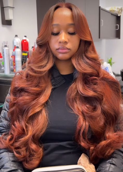 Extension Hairstyles For Black Women, Ginger Bussdown, Middle Part Ginger Wig, Copper Hairstyles Black Women, Ombre Hair Color Black Women, Burnt Orange Hair On Black Women, Ginger Quick Weave, Copper Hair Black Women, Ginger Sew In Weave