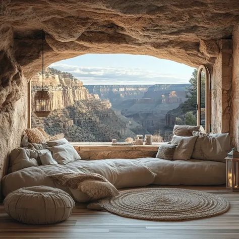 ↑↑↑ Larger size on website 🔸 A cozy cave dwelling with a stunning view of a canyon landscape. The room features a large window, a Cave Dwelling, Canyon Landscape, Window Reveal, Large Window, Rustic Stone, Comfy Couch, Stone Walls, Wooden Floor, Through The Window