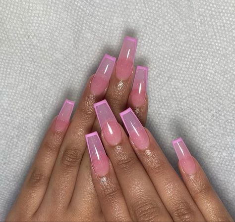 Pink French Acrylic Nails Coffin, Translucent French Tip Nails, Translucent Nail Designs, Coffin Nail Frenchies, Clear Acrylic Nails Coffin, Pink Translucent Nails, Transparent Pink Nails Acrylic, Clear Pink French Tip Nails, Glass Nails Acrylic Clear