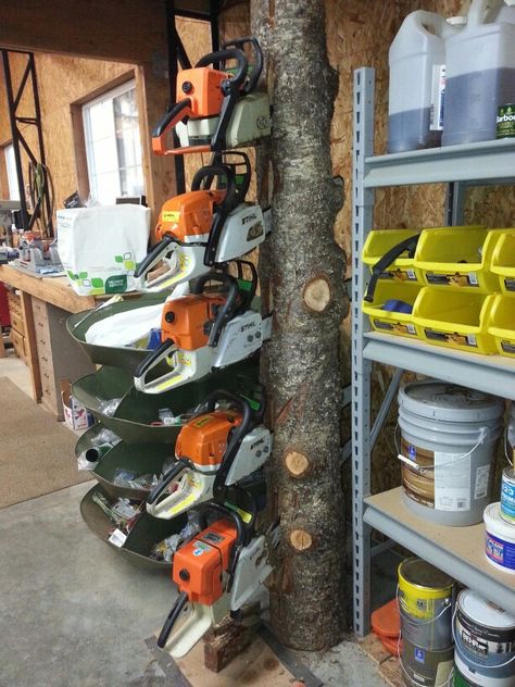 The original chainsaw holder! Chainsaw Holder, Diy Garage Storage, Garage Storage Organization, Garage Tools, Shop Storage, Shop Organization, Metal Art Diy, Diy Garage, Metal Art Projects