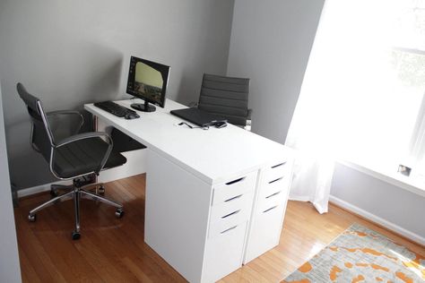 IKEA minimalist two person desk - IKEA Hackers 2 Person Desk Home Office Ikea, Home Office For 2, Ikea Minimalist, 2 Person Home Office, Office For 2, Ikea Office Desk, Hackers Ikea, White Wood Desk, Desk Ikea