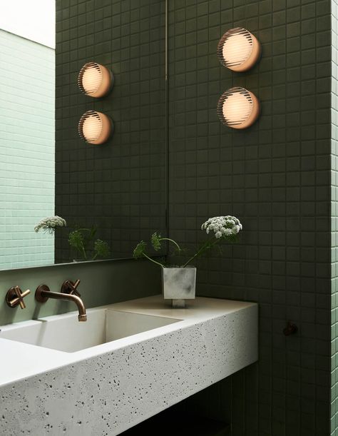 Design Restroom, Japanese Bath House, Travertine Floor Tile, Dark Green Bathrooms, Restroom Design, House Redesign, Vintage Wall Sconces, Melbourne House, Vanity Design