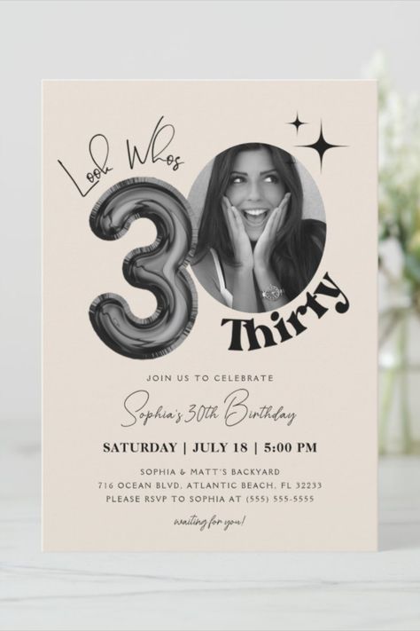 30th Birthday Color Themes, Birthday Theme 30 Years, 30th Birthday Ideas For Women Invitation, 30th Birthday Women Photoshoot, 30th Quincenera, Birthday Invitations With Pictures, 30th Bday Party Ideas Women, Modern Birthday Invitations, 30th Birthday Asthetics