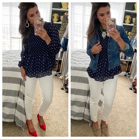 How to wear one navy polka dot top two ways #justpostedblog #ShopStyle #shopthelook #MyShopStyle #OOTD #LooksChallenge #ContributingEditor #Lifestyle Navy Polka Dot Shirt Outfit, Polka Dot Top Outfit Work, Navy Blue Polka Dot Shirt Outfit, Navy Polka Dot Top Outfit, Blue Polka Dot Shirt Outfit, White Polka Dot Shirt Outfit, Dot Shirt Outfit, Polka Dot Shirt Outfit, Polka Dot Blouse Outfit