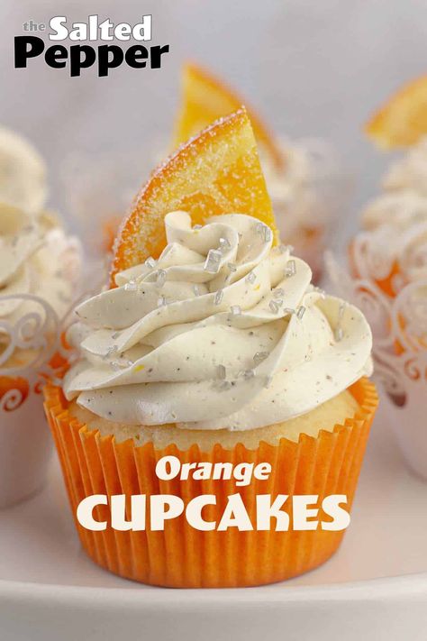 Festive and Fun Orange cupcakes that are perfect for any special occasion, brunch, or party! Easily turn them into mimosa cupcakes by adding champagne to the cupcake batter! Mimosa Cupcakes, Candied Orange Slices, Orange Buttercream, Orange Cupcakes, Orange Frosting, Cupcake Pans, Cupcake Tray, Candied Orange Peel, Buttercream Filling