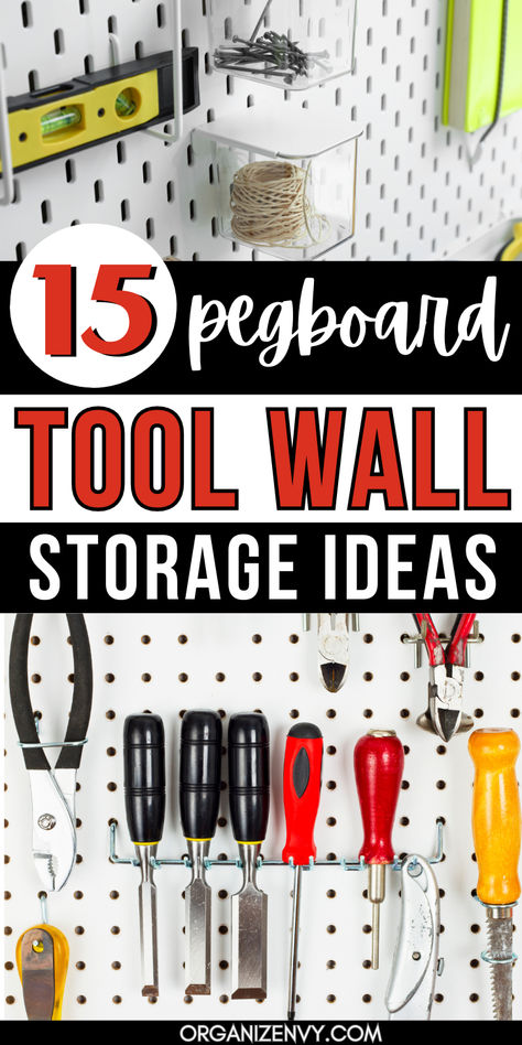 Tools and hardware stored on a pegboard wall Garage Organization Ideas Pegboard, Pegboard Tool Organization Ideas, Hanging Tools In Garage, Electrical Cord Storage Ideas, Tool Wall Storage Diy, Diy Tool Cabinet, Peg Board Tools, Peg Board Tool Organization, Garage Pegboard Ideas