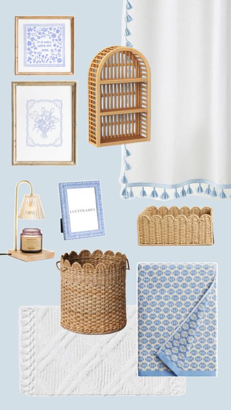 Grandmillennial Bathroom Decor, Light Blue Bathroom Aesthetic, Coastal Bathroom Ideas Beach Themes, Simple Apartment Bathroom, Suite Dorm Room Ideas, Grand Millennial Bathroom, Postgrad Apartment, Blue Bathroom Aesthetic, Blue White Bathroom