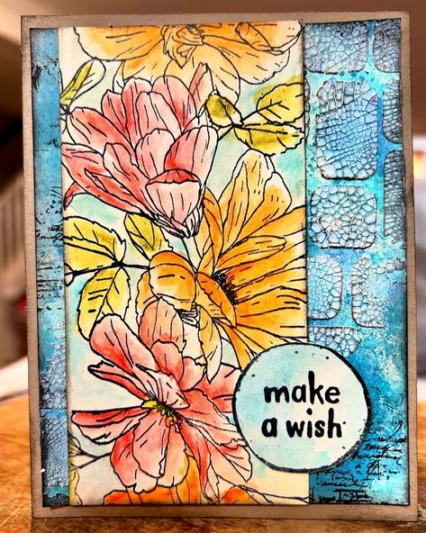 Good morning. Today’s card uses Floral Trims, a @tim_holtz stamp set and Tim’s new Labels stencil from @stampersanonymous. The flowers are colored with distress watercolor pencils. #timholtz #stampersanonymous #ranger_ink #floraltrims #distresswatercolorpencils #cardmaker #cardmaking #cardmakersofinstagram Tim Holtz Flower Cards, Tim Holtz Stencils, Tim Holtz Floral Outlines, Tim Holtz Bowtied Colorize, Tim Holtz Artsy Stems, Tim Holtz Wildflowers, Tim Holtz Brushstrokes Stamp, Tim Holtz Stamps, Tim Holtz Cards