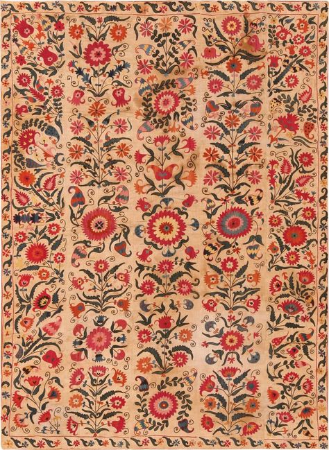 Antique Uzbek Silk Wool Suzani Textile Embroidery 7 ft 3 in x 5 ft 4 in (2.2 m x 1.62 m) Uzbek Textiles, Embroidery Country, Suzani Textile, Textile Embroidery, Suzani Embroidery, Asian Textiles, Textile Inspiration, Antique Textiles, Silk Wool