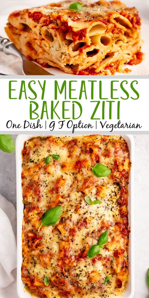 This easy meatless baked ziti is made with 3 cheeses layered in one delicious pasta dish. The ricotta, mozzarella, and parmesan melt together with the red sauce and ziti noodles for a satisfying vegetarian dinner that can easily be made gluten free. Baked in the oven in a quick 35 minutes, with only a few ingredients you likely already have in the pantry; you can't go wrong! #easymeatlessbakedziti #3cheesebakedziti #glutenfreebakedziti Baked Ziti Vegetarian, Baked Pasta Recipes Vegetarian, Meatless Baked Ziti, Ziti Noodles, Meatless Pasta Recipes, Best Baked Ziti Recipe, Baked Mostaccioli, Baked Ziti With Ricotta, Hearty Recipes