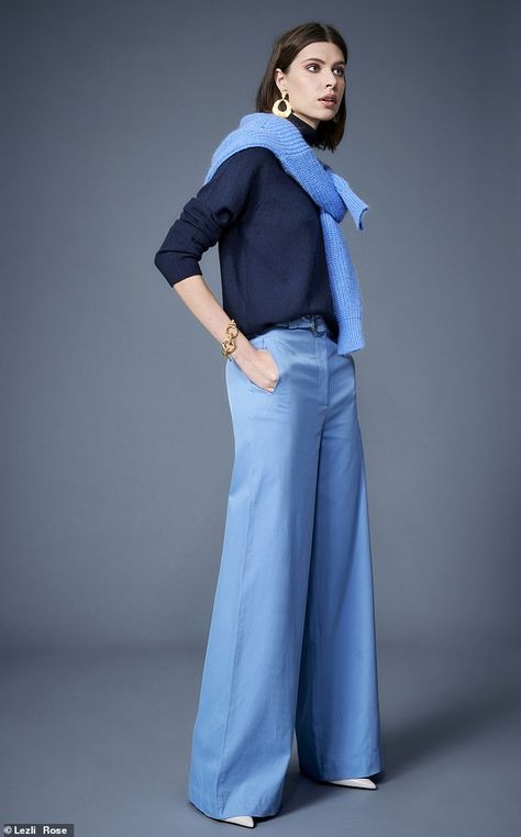 Light Blue And Gray Outfit, Trouser Looks For Women, Navy Blue Color Block Outfit, Blue Tonal Outfit, Light Blue And Navy Blue Outfit, Styling Blue Pants, Cornflower Blue Pants Outfit, Full Blue Outfit, Blue Trousers Outfit Women Work Wear