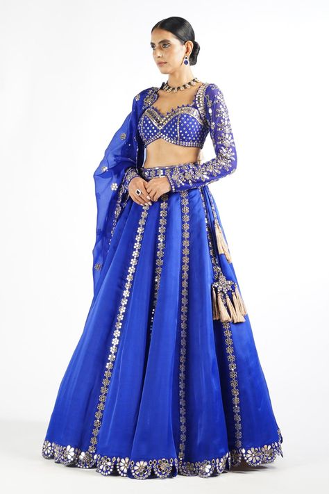 Buy Vvani by Vani Vats Blue Mirror Embroidered Lehenga Set Online | Aza Fashions Rajasthani Poshak, Sweetheart Neck Blouse, Royal Blue Lehenga, Vani Vats, Mirror Border, Lehenga Dupatta, Dresses Traditional, Organza Blouse, Blue Lehenga