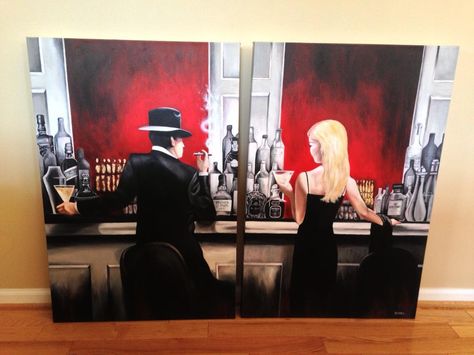 Bar man & bar women acrylic on canvas Bar Painting Ideas, Bartender Painting, Behind Bars Drawing, Bar Scene Aesthetic, Woman At Bar Painting, Romantic Paintings Couple Night, Bar Painting, Man Bars, Paint Bar