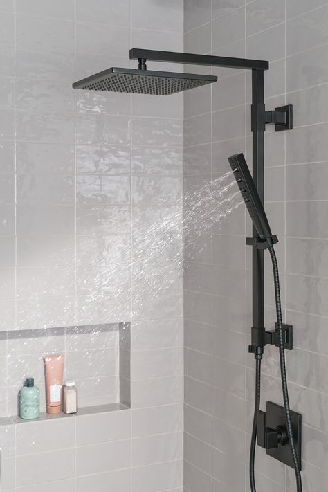 The Emerge™ Shower Column transforms your shower without altering the plumbing behind your shower wall. Inspired by modern European styles, the bold profile and \nimpactful design exude an upscale motif while the customizability of the hand shower and overhead shower head combo revitalizes your showering experience. The Emerge Shower Column works with any overhead shower head with no need to run plumbing through the ceiling. An integrated, 3-way diverter allows use of the overhead shower and the Overhead Rain Shower Head, Shower Kits Ideas, Shower With 2 Shower Heads, Shower Head Ideas, Dream Showers, Uni Apartment, Black Shower Fixtures, Redo Bathroom, Rainhead Shower