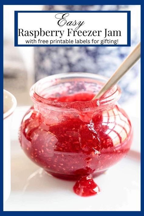 Easy Raspberry Freezer Jam (with fresh or frozen berries and free printable labels for gifts!) How To Make Jam From Frozen Berries, Strawberry Raspberry Freezer Jam, Making Jam With Frozen Berries, Raspberry Jam From Frozen Raspberries, Raspberry Freezer Jam No Pectin, Raspberry Freezer Jam, Freezer Jam, Frozen Berries, Sugar Crystals