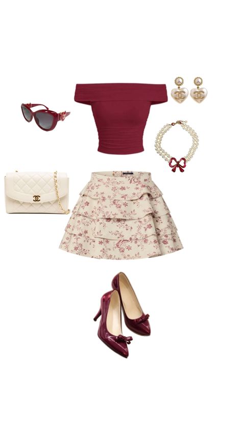 Cute,maroon,white, spring outfit,sunglasses,chanel,outfit,casual,cute,elegant,flower details Maroon Outfit, Cherry Wine, Princess Outfits, Cute Everyday Outfits, Looks Chic, Feminine Outfit, Instagram Page, Summer Fashion Outfits, Fancy Outfits