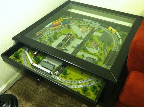 Liatorp coffee table with glass top and pull out drawer that was modified to include an N scale model train set. Liatorp Coffee Table, Shadow Box Coffee Table, Ikea Coffee Table, Model Train Table, N Scale Model Trains, Model Train Accessories, Ikea Table, Hobby Trains, Train Table